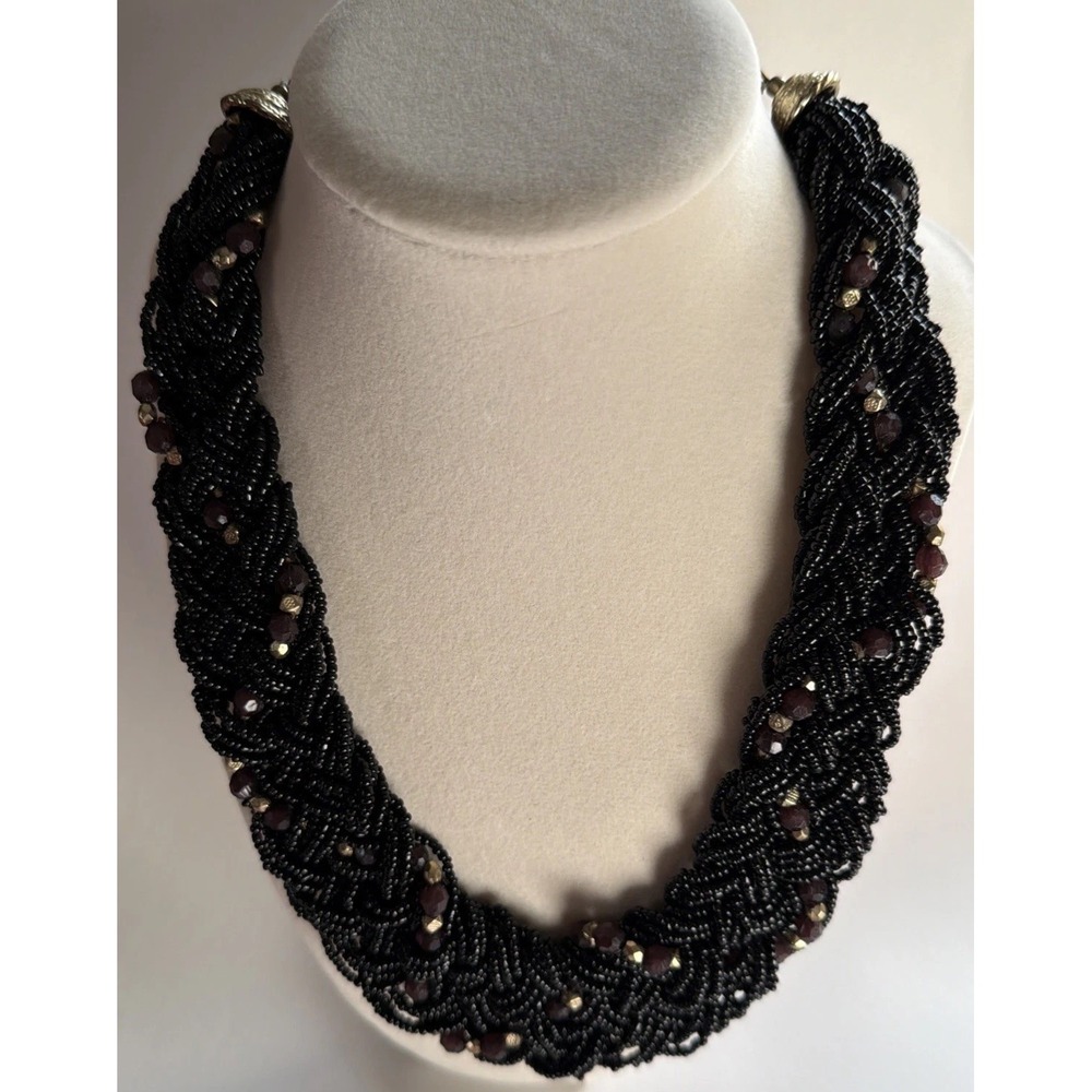 Black Seed Bead Statement Necklace Chunky Multi Strand Woven Collar